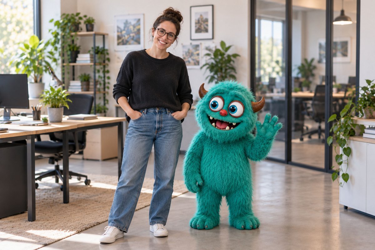 Een vrouw staat naast het turquoise monster op kantoor.
