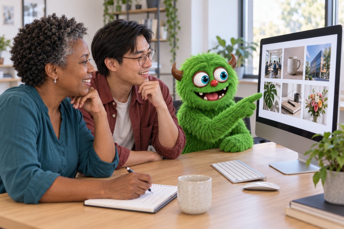 Twee mensen kiezen foto’s op een scherm met het groene monster.