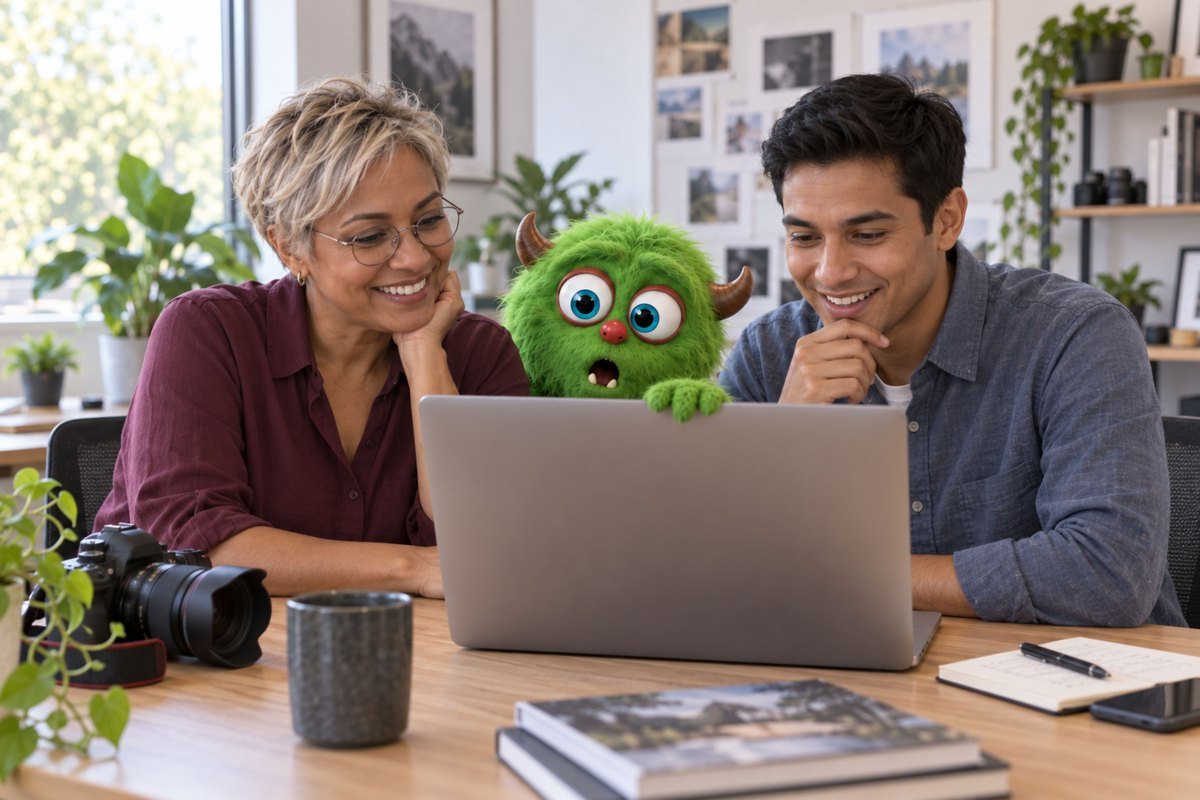 Twee mensen bekijken opnames met een verbaasd groen monster.
