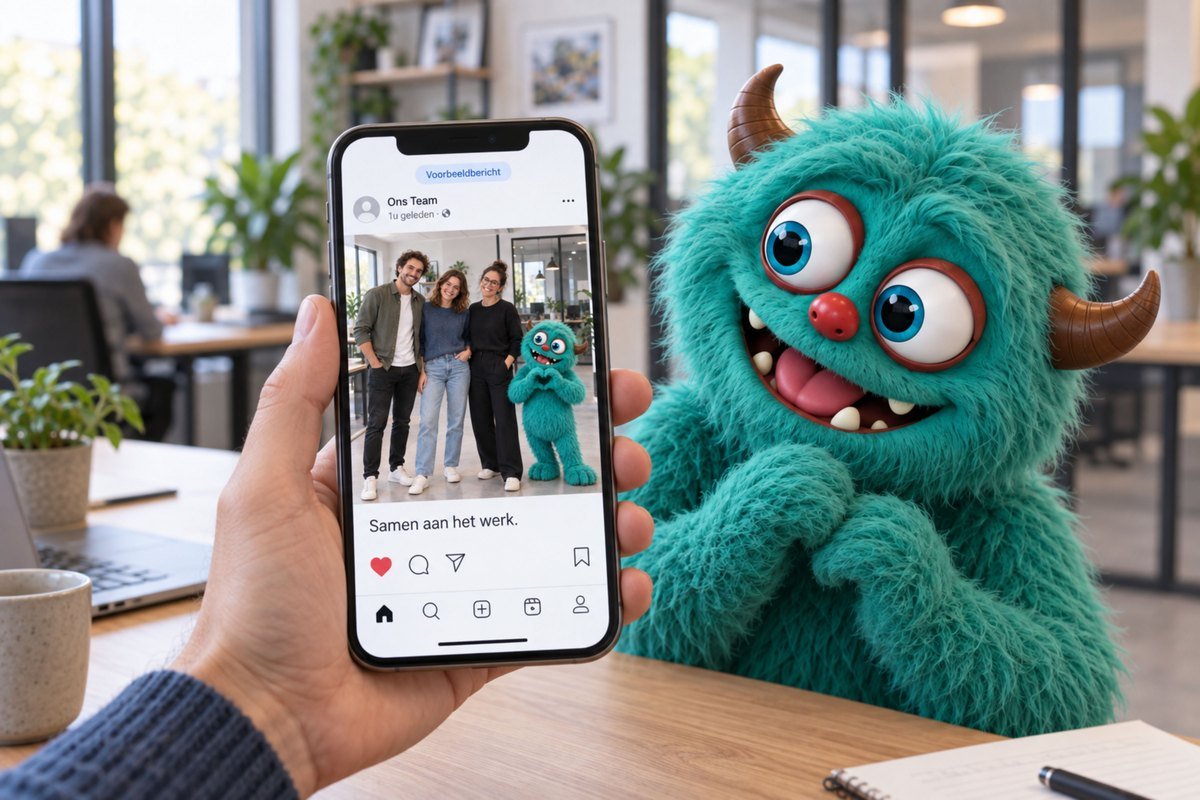 Een telefoon toont een socialmediabericht naast het turquoise monster.