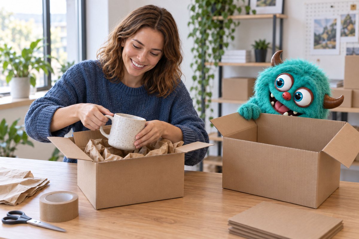 Een vrouw pakt een mok in terwijl het turquoise monster meekijkt.