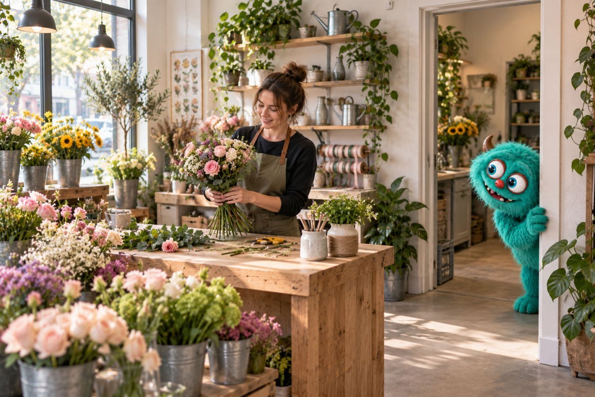 Een bloemist werkt in een winkel met het turquoise monster bij de deur.