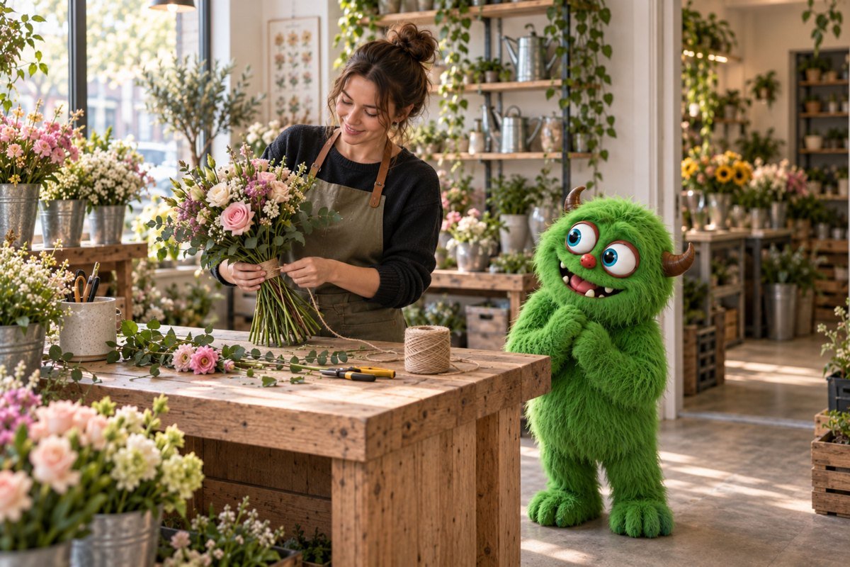 Een bloemist maakt een boeket naast het groene monster.