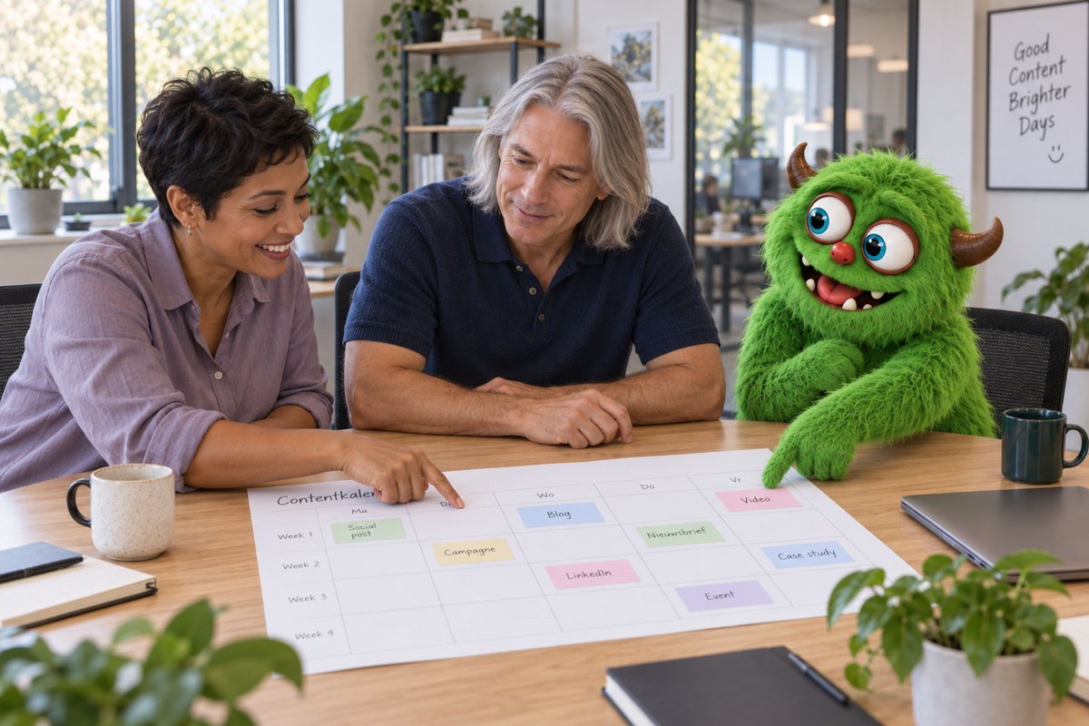 Een planning op tafel wordt besproken met het groene monster.