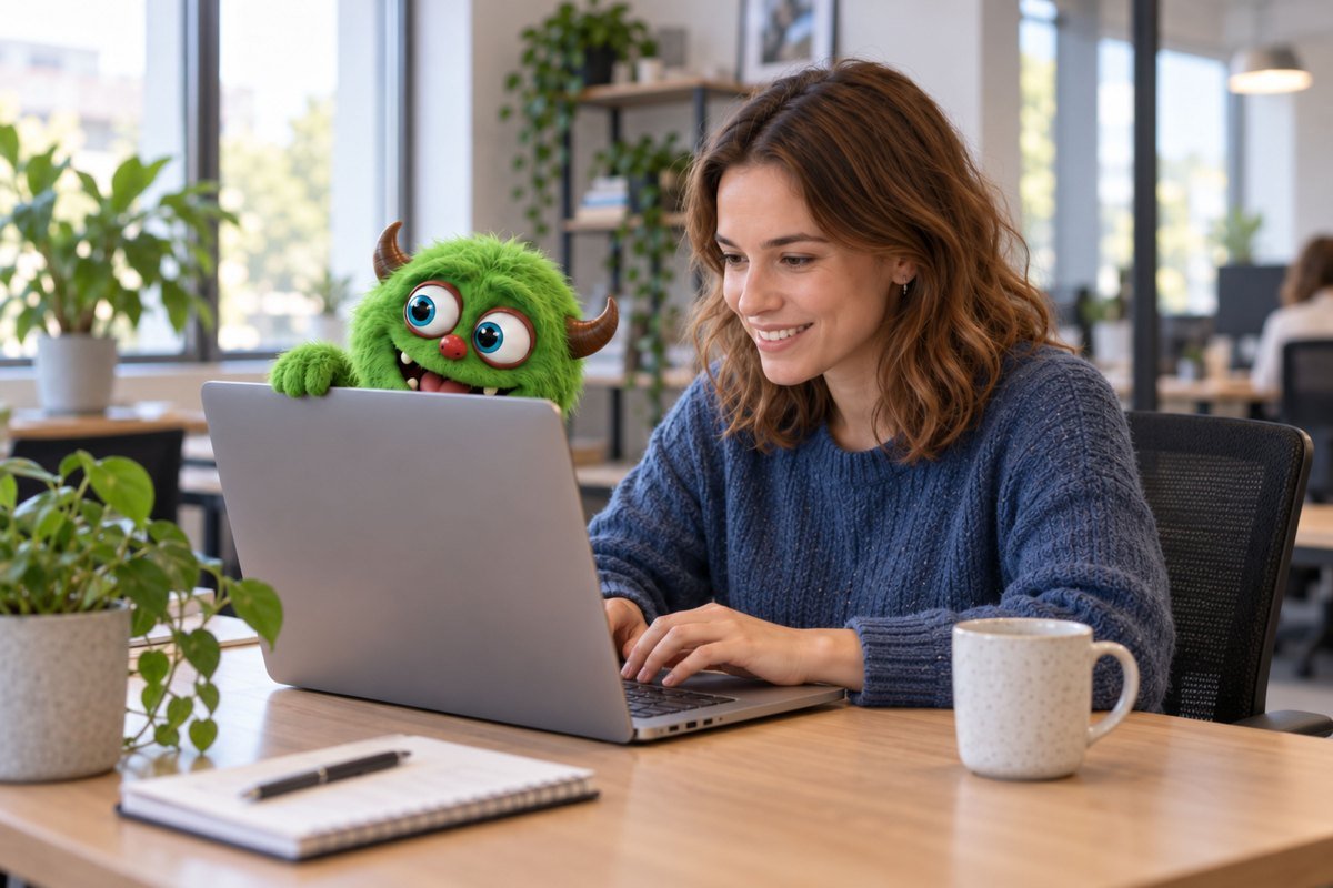 Een vrouw schrijft op haar laptop terwijl het groene monster meekijkt.