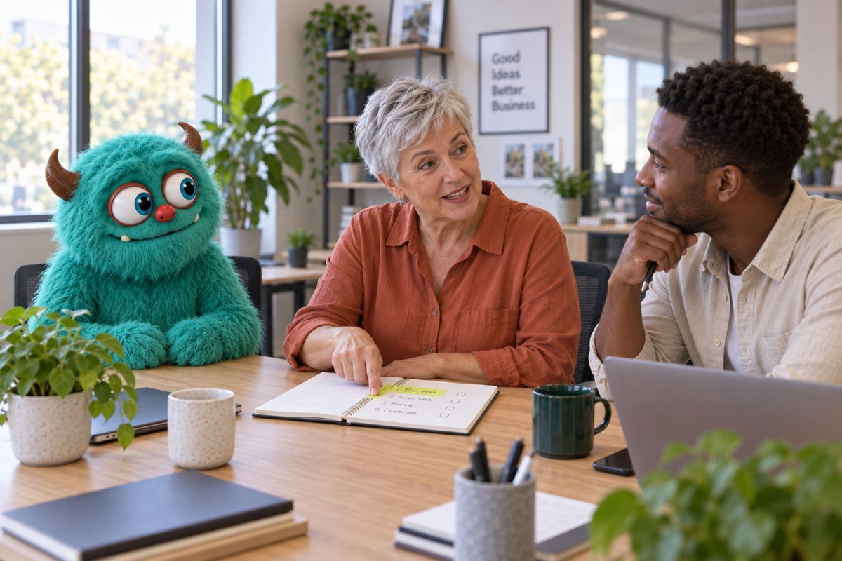 Een vrouw deelt uitleg aan tafel met het turquoise monster erbij.