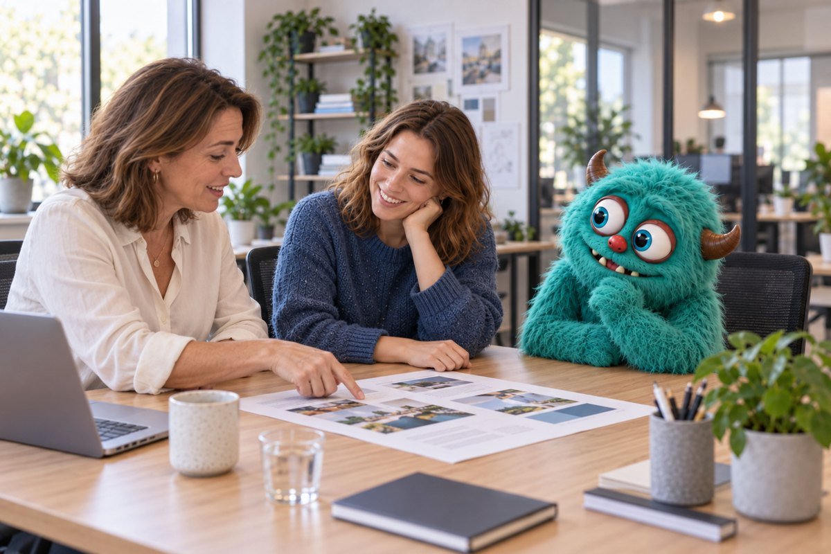 Twee vrouwen bespreken afdrukken terwijl het turquoise monster meekijkt.