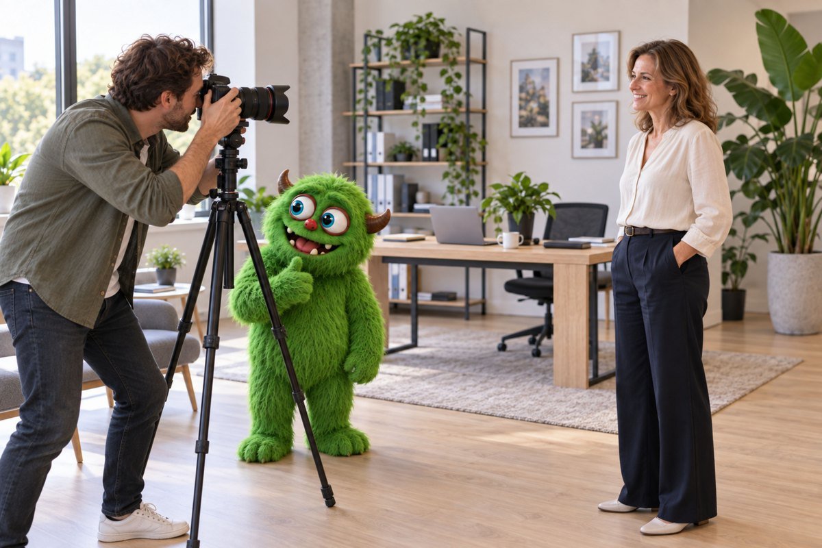 Een fotograaf maakt een portret met het groene monster op de opnamelocatie.