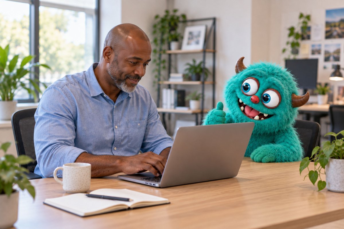 Een man werkt op zijn laptop naast het turquoise monster.