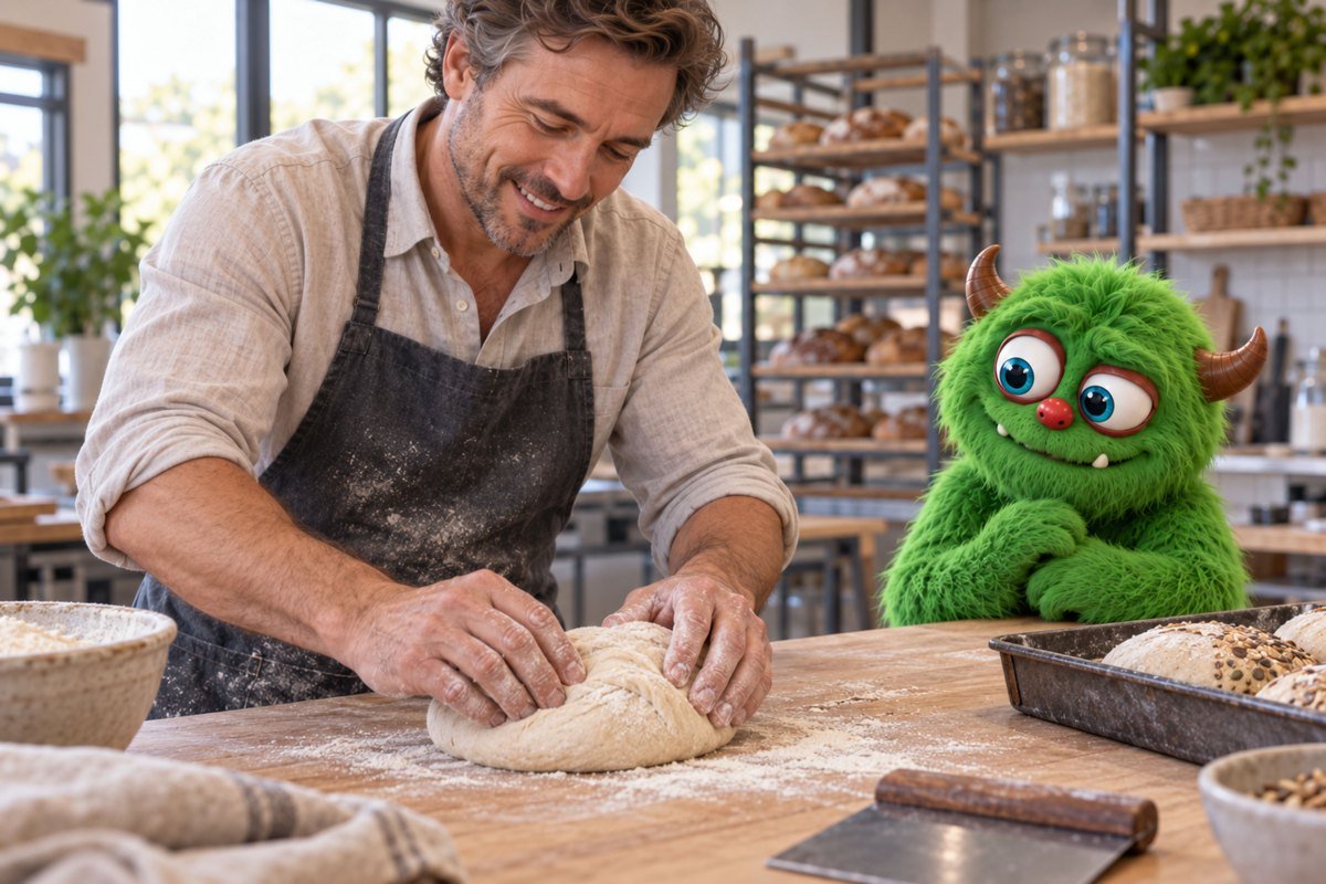 Een bakker kneedt deeg naast het groene monster.