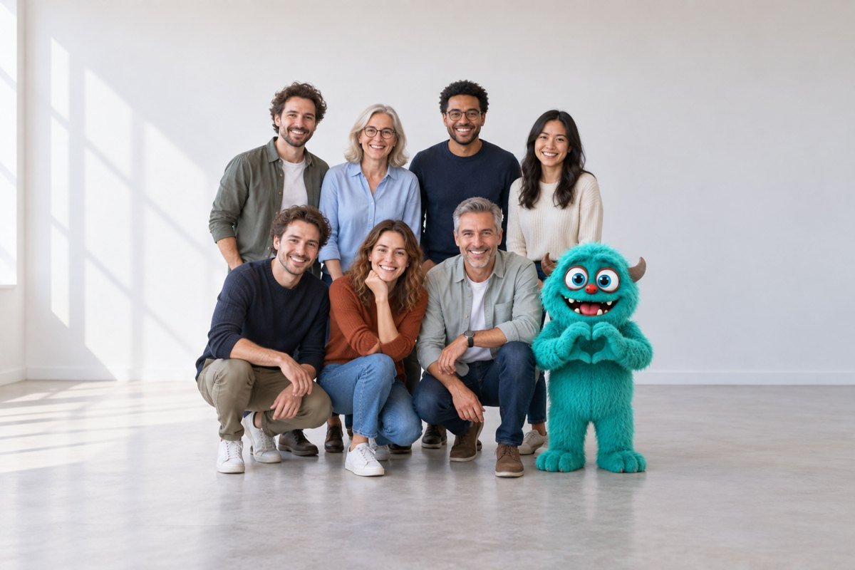 Een groep mensen poseert met het turquoise monster dat een hartje maakt.