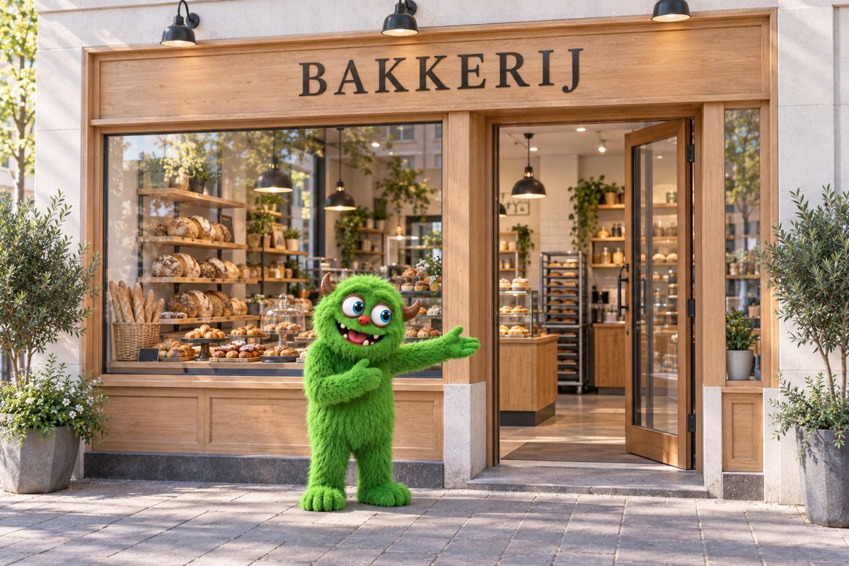 Het groene monster wijst naar de ingang van een bakkerij.