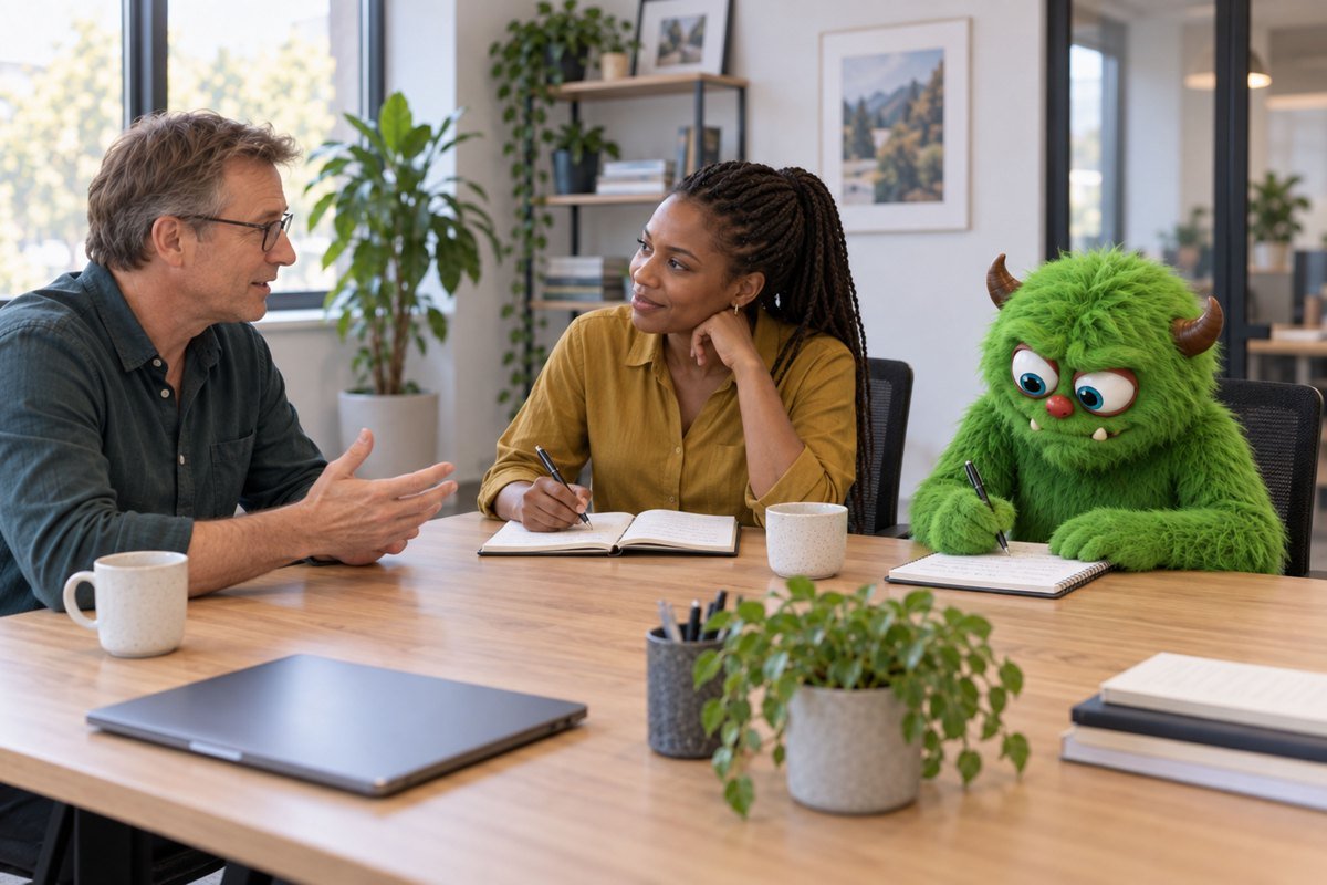 Twee mensen voeren een gesprek terwijl het groene monster luistert.