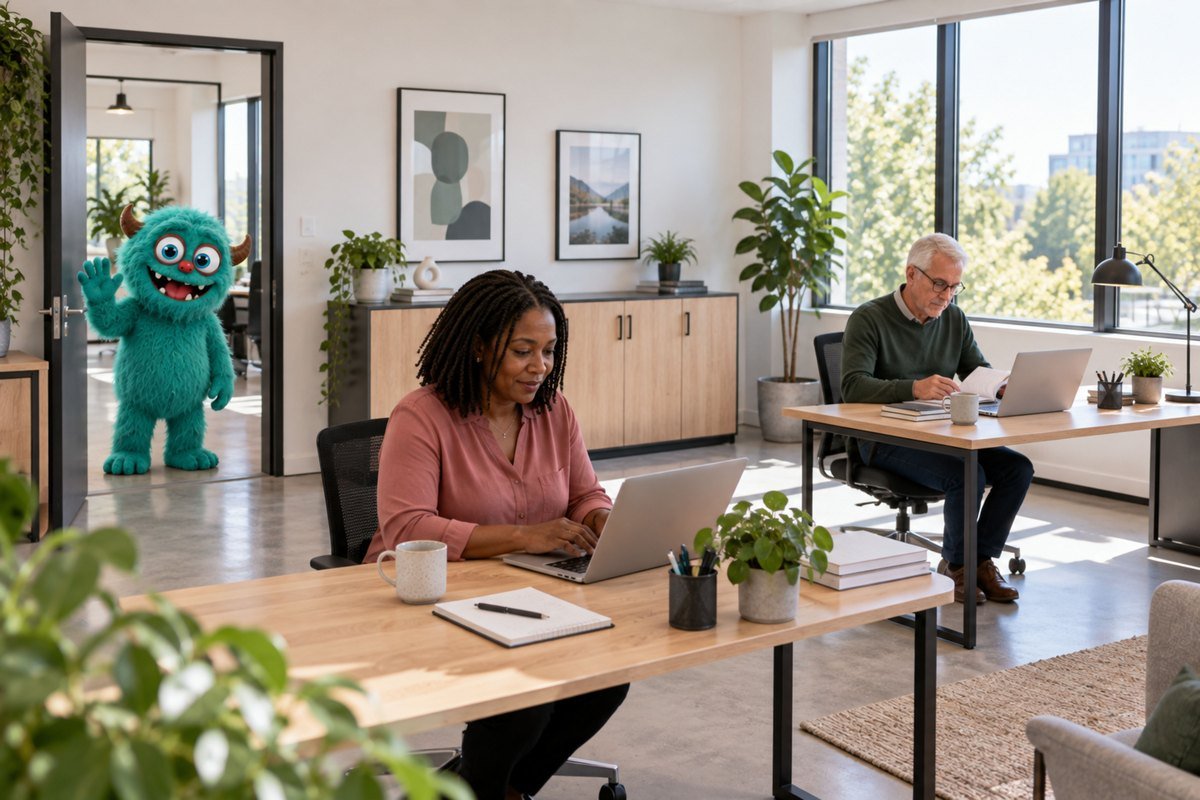 Een lichte werkruimte met laptops, planten en het turquoise monster.