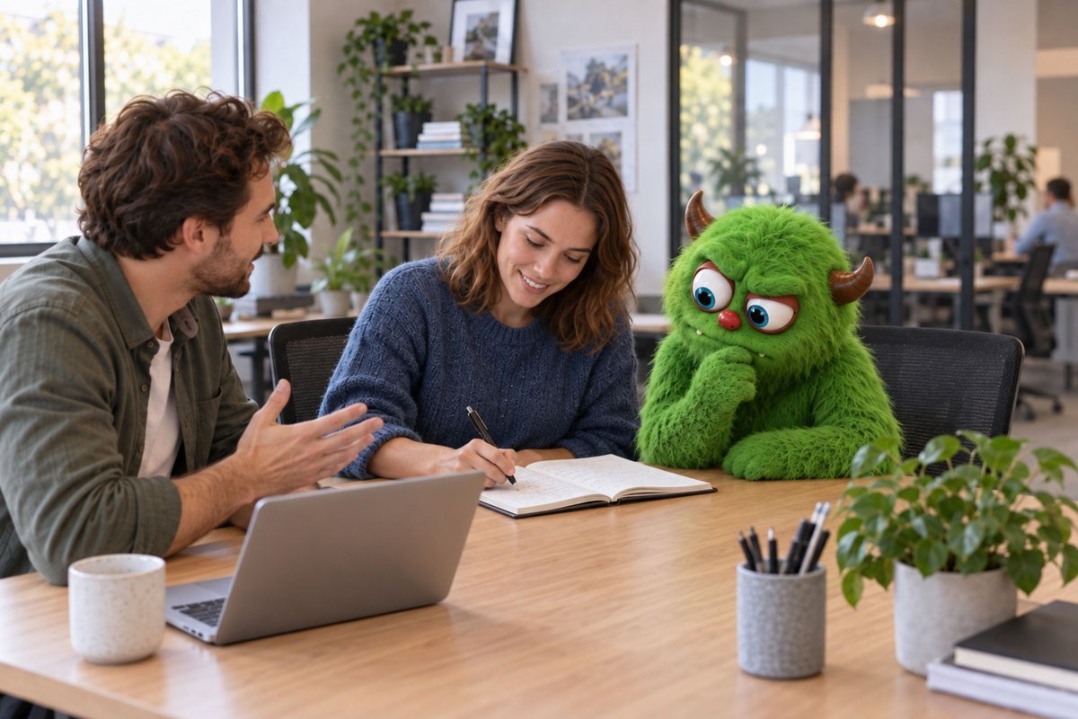 Werkoverleg met notities en een aandachtig groen monster.