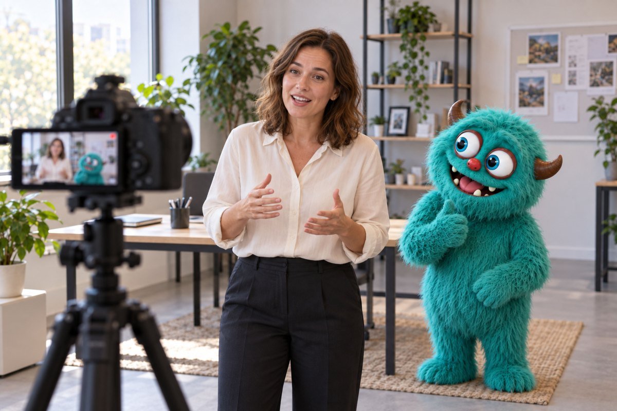 Een vrouw geeft uitleg voor de camera naast het turquoise monster.