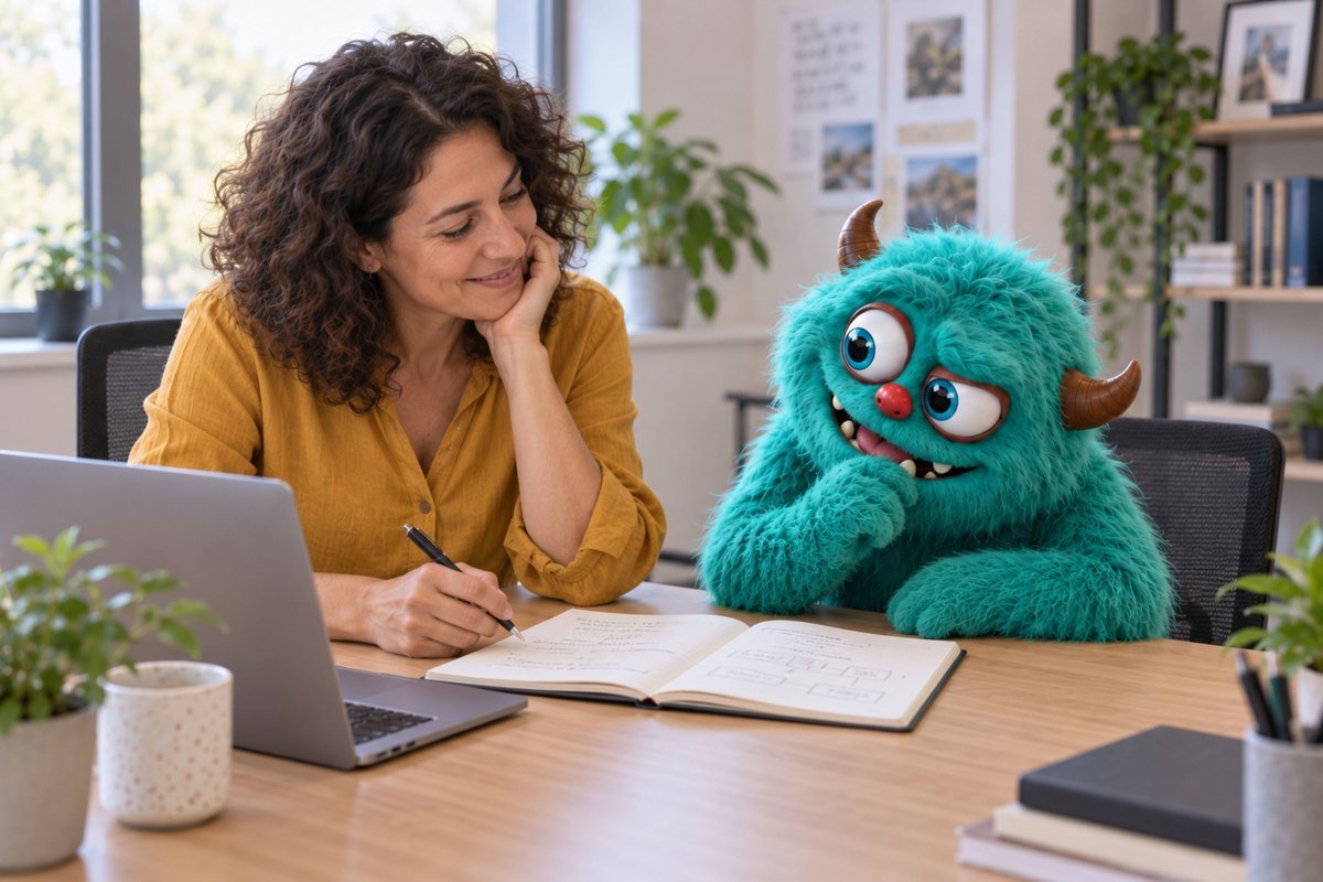 Een vrouw bekijkt een tekst naast een aandachtig turquoise monster.