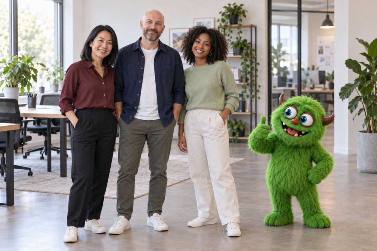 Drie mensen staan op kantoor naast een zwaaiend groen monster.