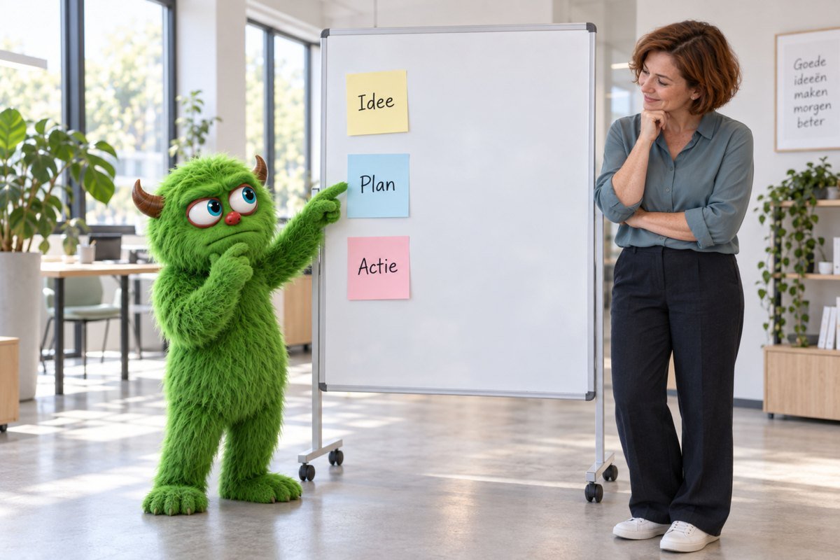 Het groene monster wijst serieus naar een bord met idee, plan en actie.