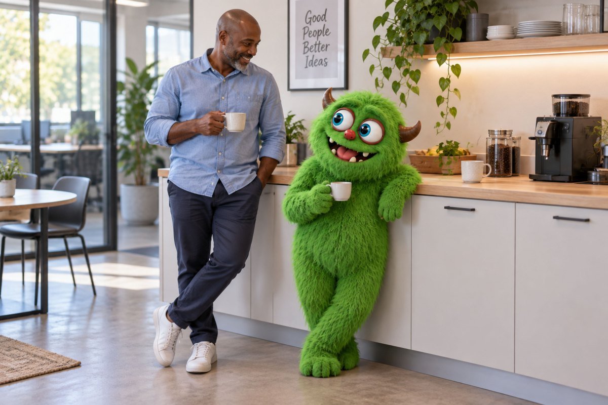 Een man en het groene monster drinken koffie in de kantoorruimte.