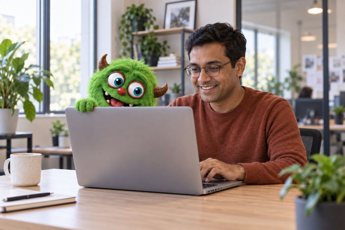 Het groene monster kijkt nieuwsgierig over de laptop van een man.