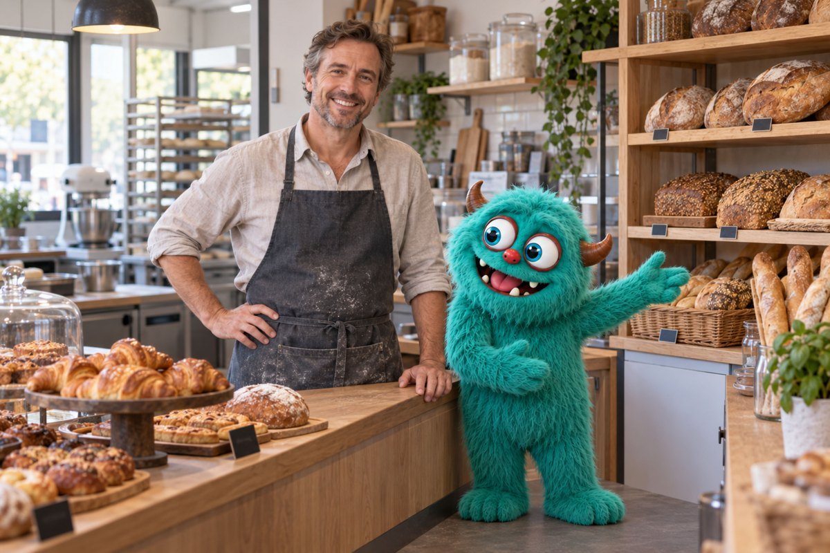 Een bakker staat achter de toonbank met het turquoise monster.