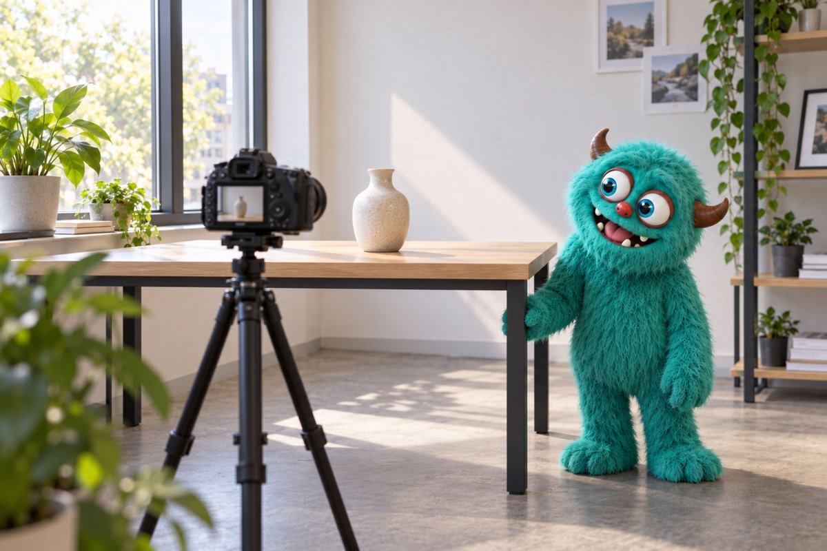 Een camera en een vaas staan bij het raam met het turquoise monster.