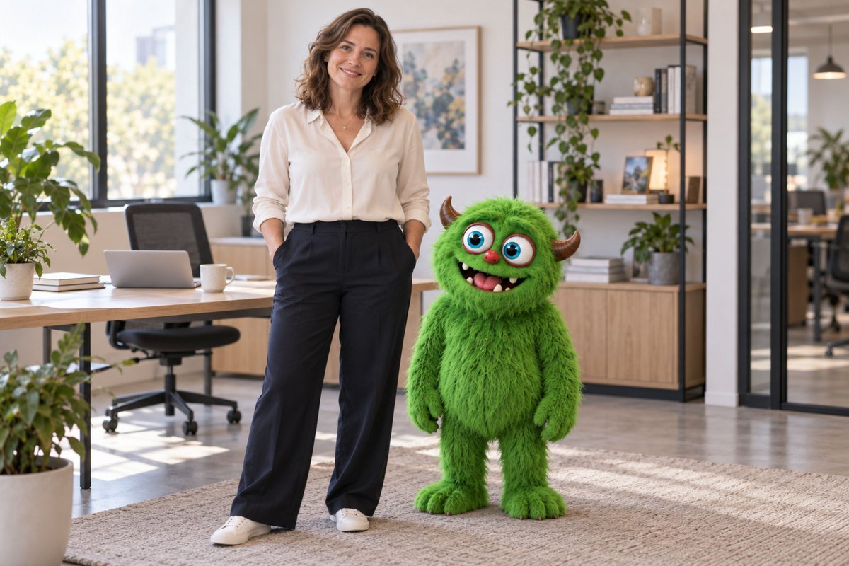 Een vrouw staat in een lichte werkruimte naast het groene monster.