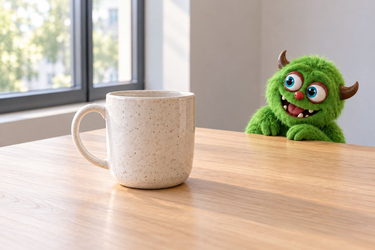 Een keramieken mok staat op tafel met het groene monster op de achtergrond.