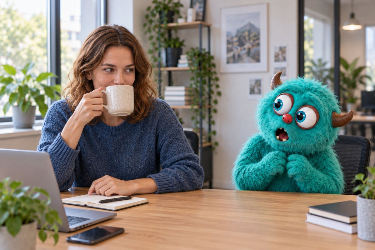 Een vrouw drinkt uit een mok naast een nieuwsgierig turquoise monster.