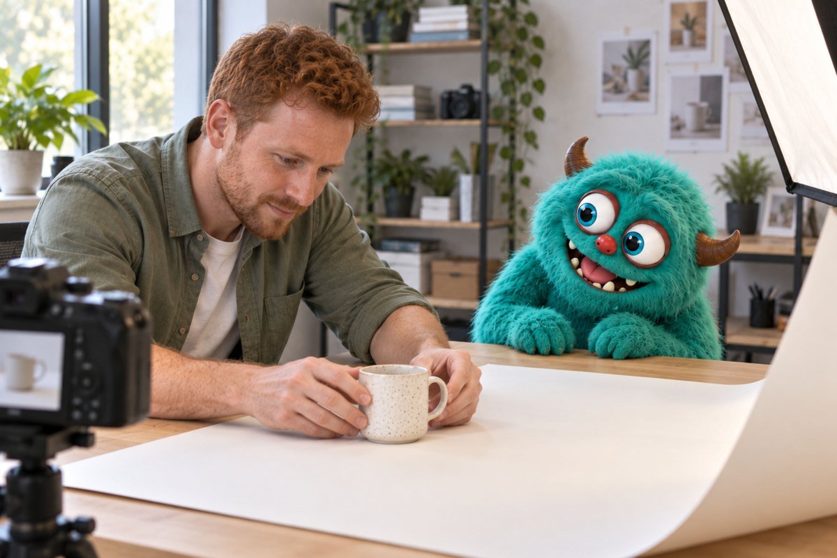Een man zet een mok klaar voor een foto met het turquoise monster erbij.