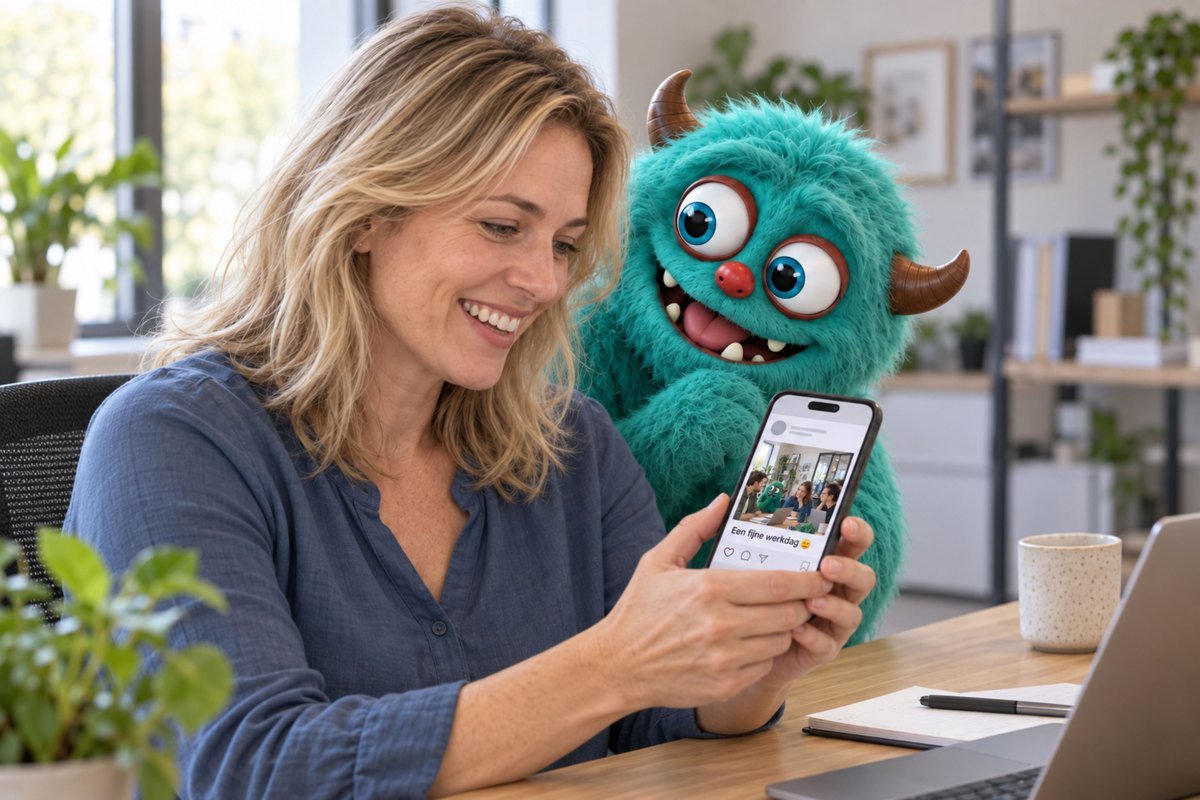 Een vrouw bekijkt een bericht op haar telefoon naast het turquoise monster.