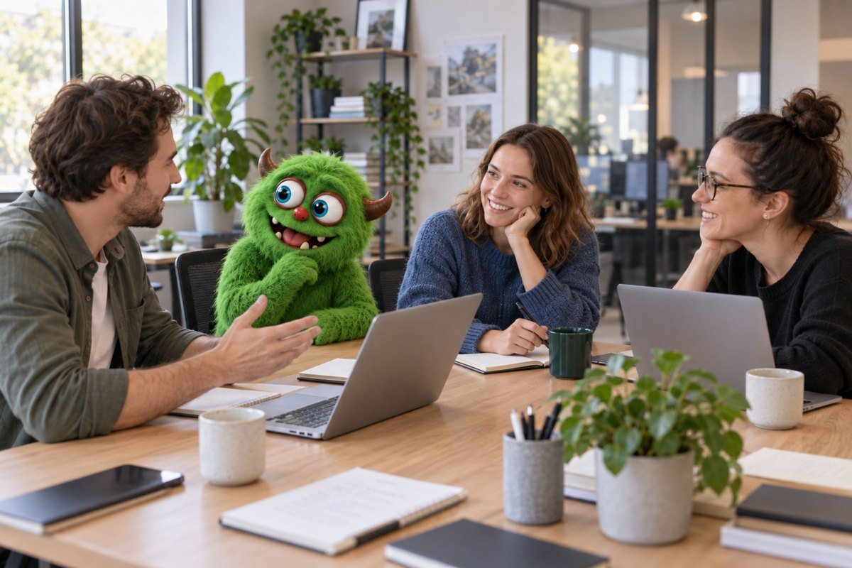 Overleg aan een werktafel met het groene monster.