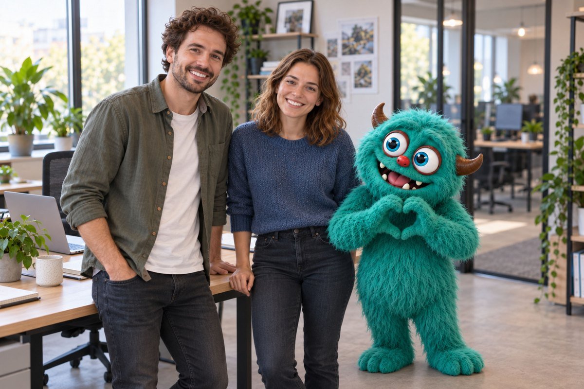 Twee mensen staan naast elkaar met het turquoise monster.