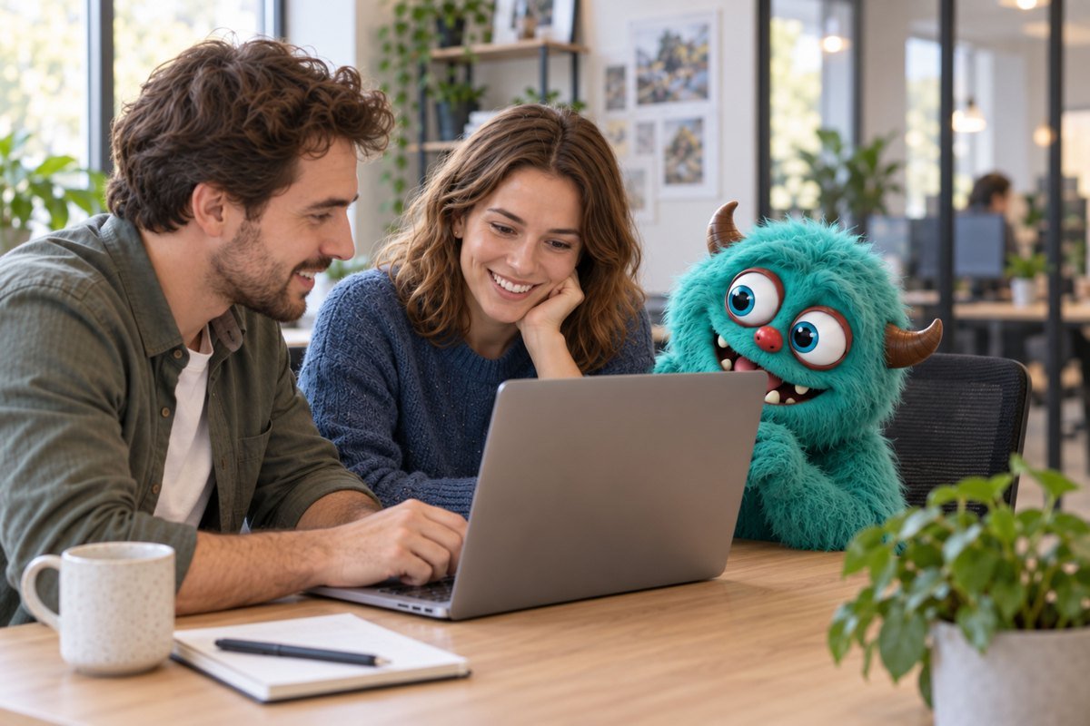 Twee mensen bekijken een laptop met het turquoise monster.