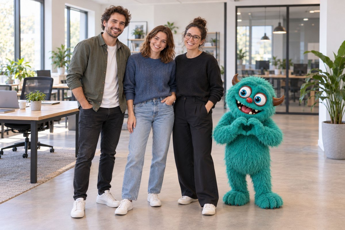 Drie mensen staan in een lichte werkruimte met het turquoise monster.