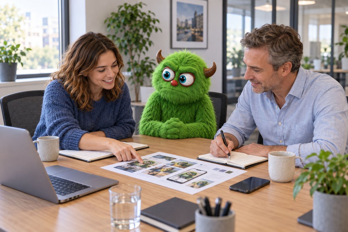 Twee mensen bekijken drukwerk aan tafel met het groene monster.