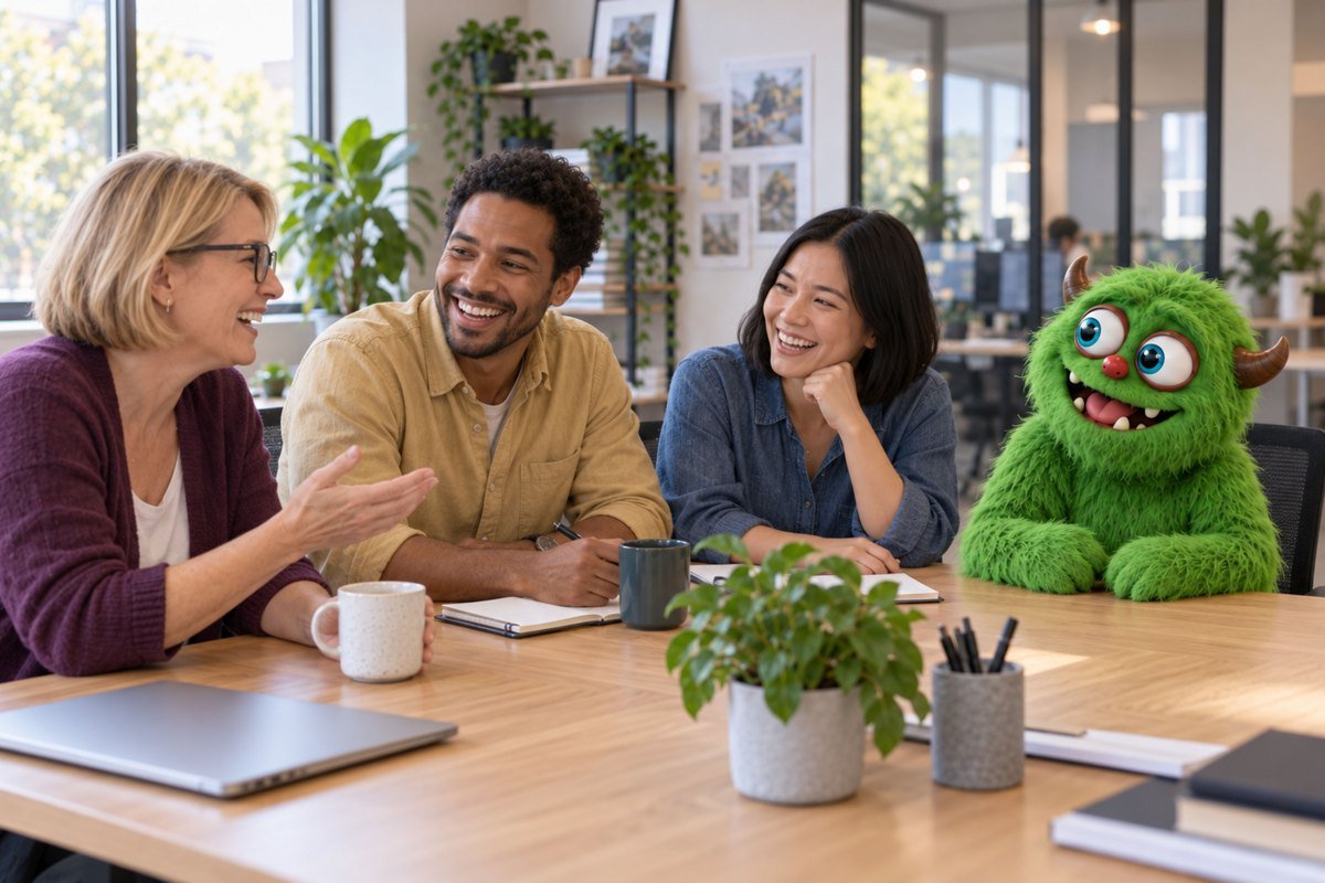 Drie mensen lachen aan tafel met het groene monster.