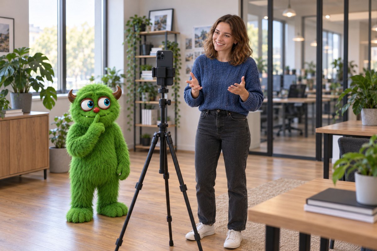 Een vrouw staat voor een telefoon op statief met het groene monster ernaast.