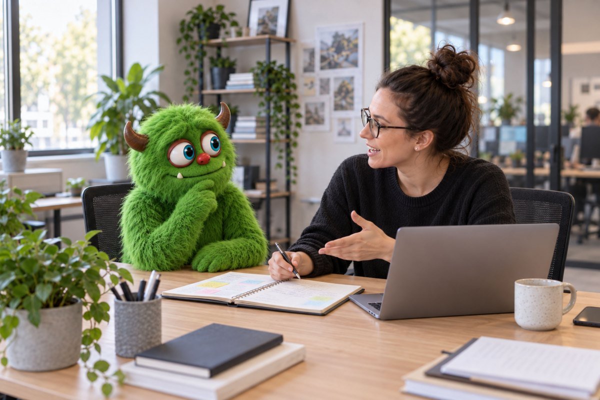 Een vrouw geeft uitleg aan een tafel met het groene monster.