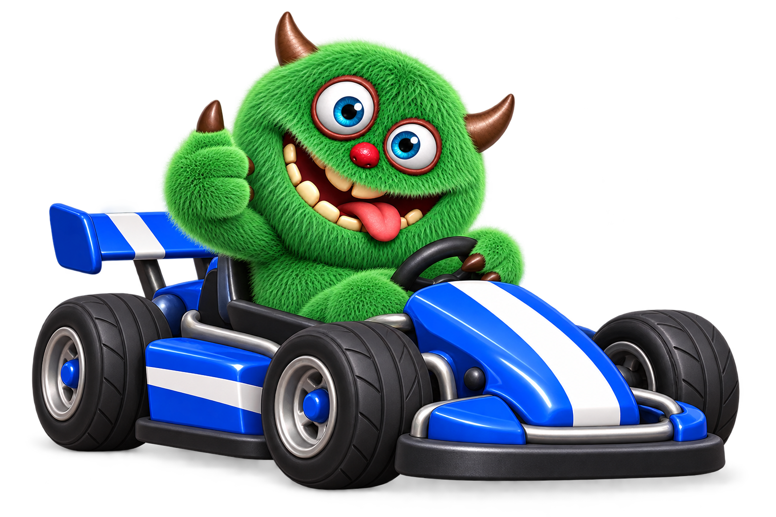 Het groene monster staat klaar in een blauwe racewagen voor de campagnestart