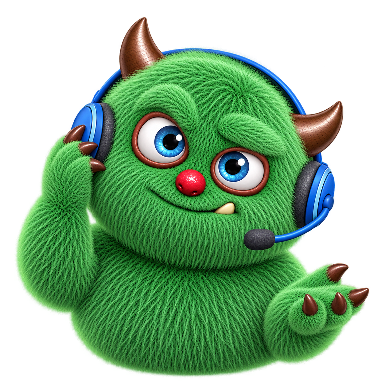 Een aandachtig groen monster met blauwe headset houdt een hand uitnodigend omhoog