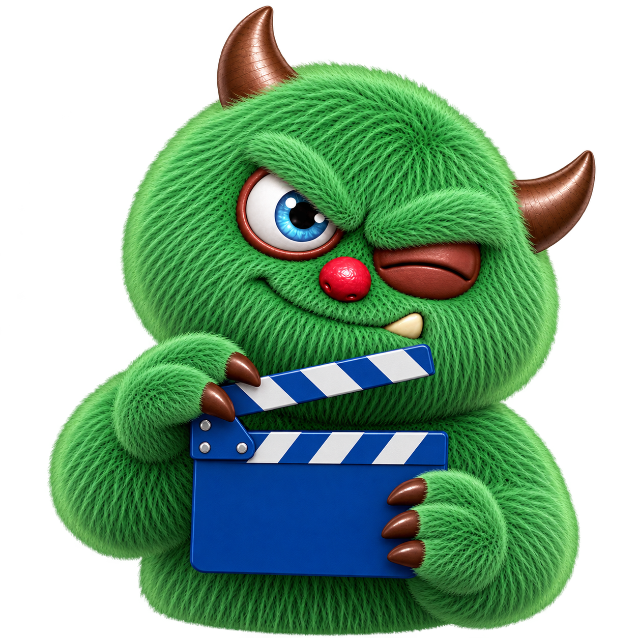 Het groene monster knipoogt en houdt een blauwe filmklapper vast