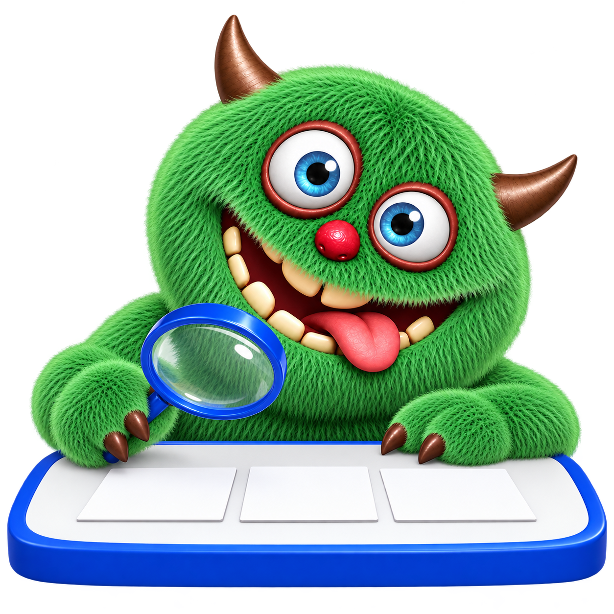 Een groen monster kijkt aandachtig door een vergrootglas