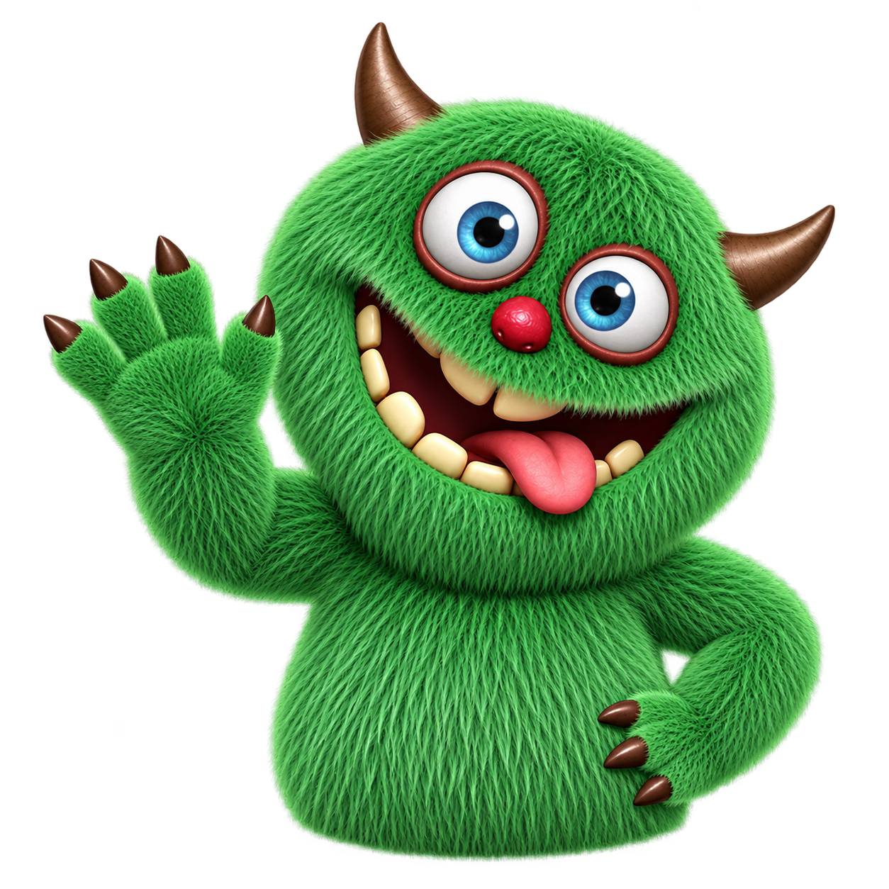 Een groen monster zwaait het team toe