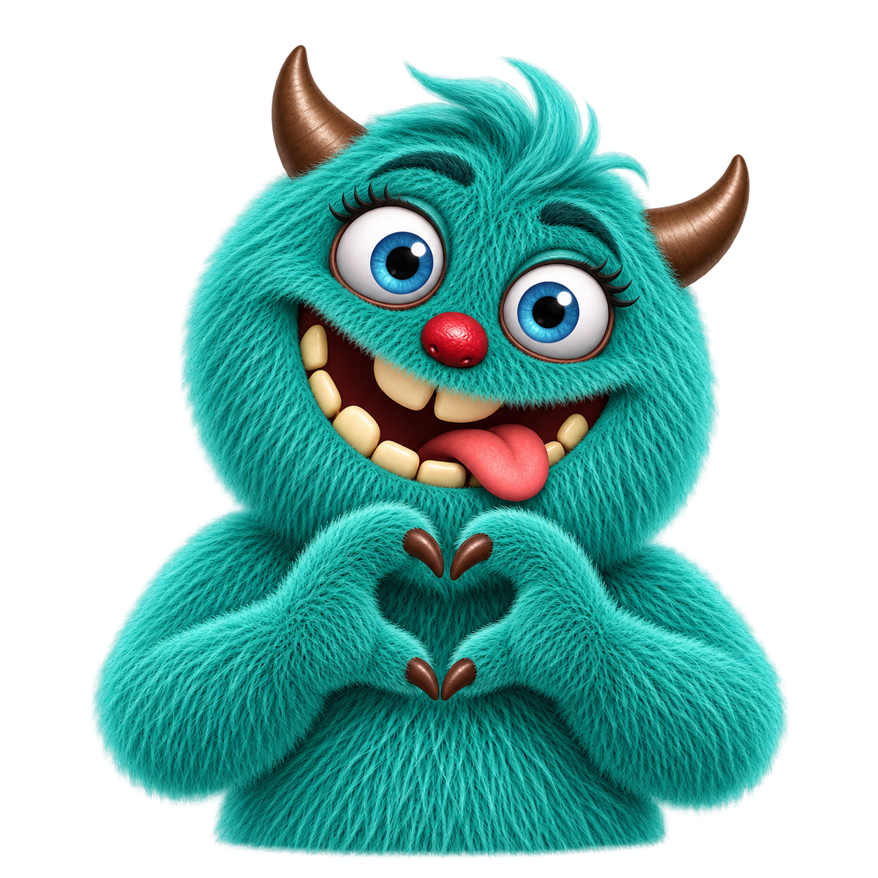 Een turquoise monster houdt een hart vast als teken van aandacht
