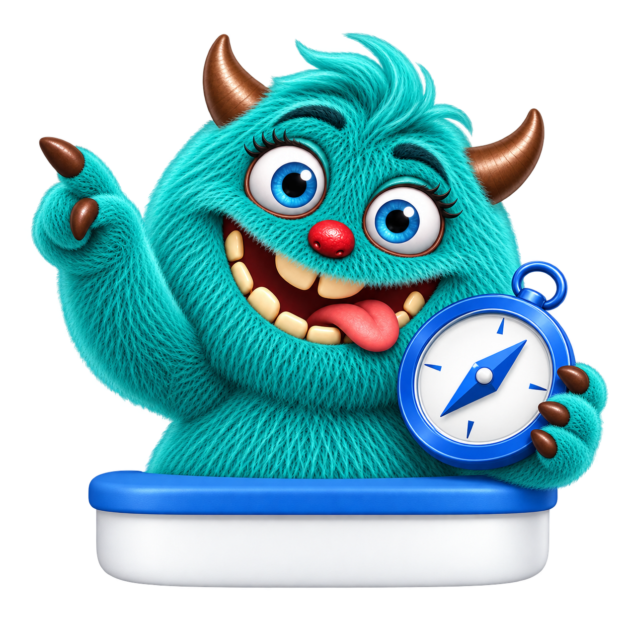 Een turquoise monster kiest een richting met een blauw kompas