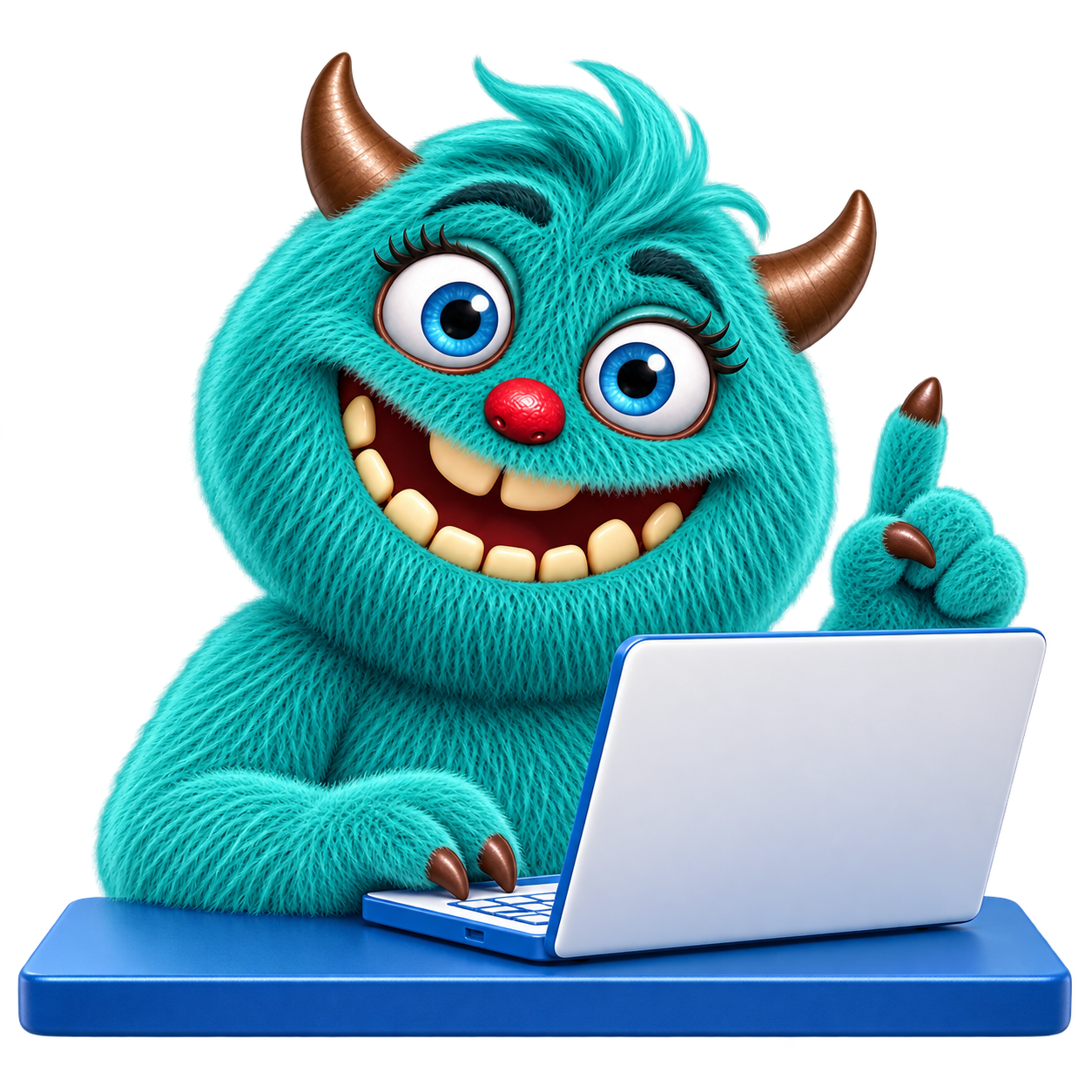 Een turquoise monster werkt achter een laptop