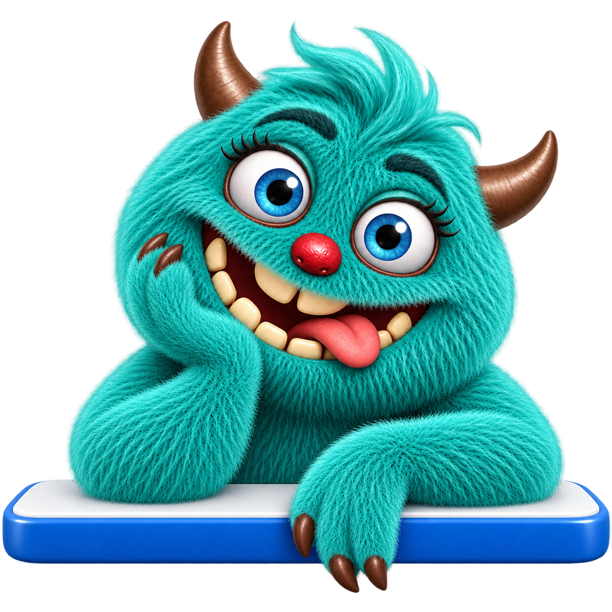 Het turquoise monster leunt op de rand en denkt mee over de campagne