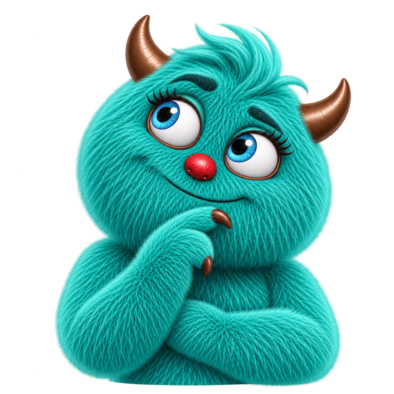 Een turquoise monster kijkt nieuwsgierig met een hand aan de kin